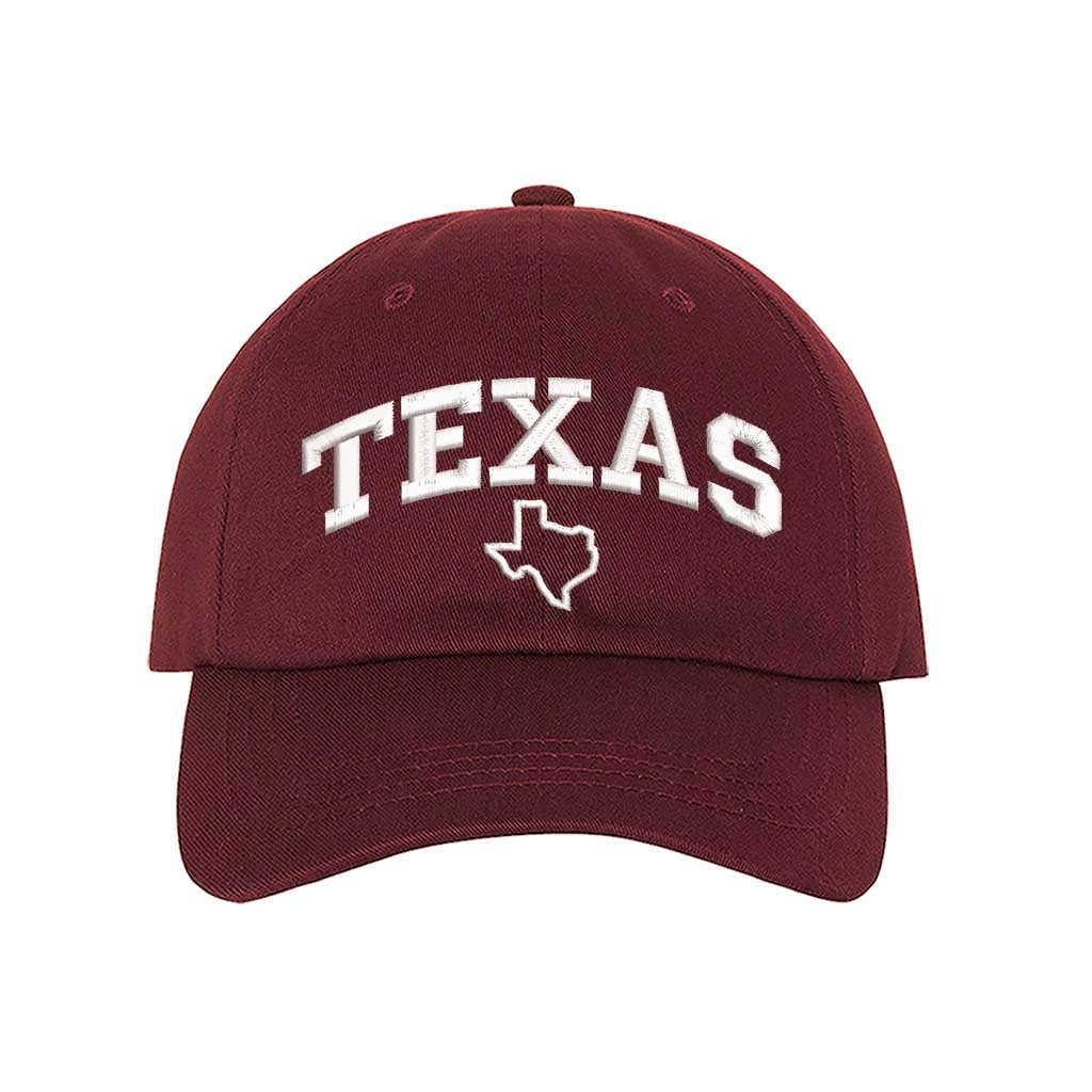 Burgundy baseball hat embroidered with the word Texas and the Texas map on it-DSY Lifestyle