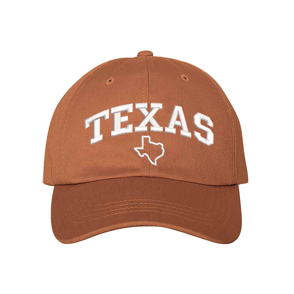 Burnt Orange baseball hat embroidered with the word Texas and the Texas map on it-DSY Lifestyle
