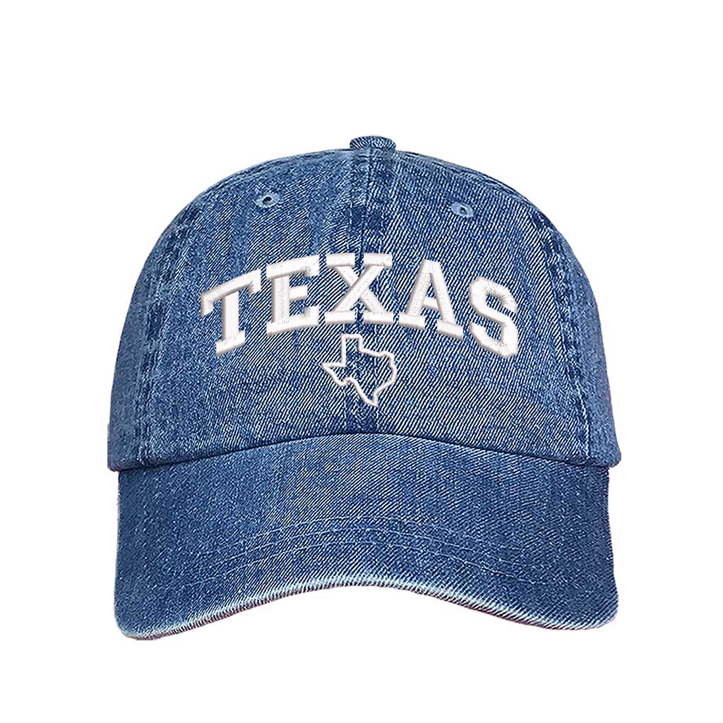 Light Denim baseball hat embroidered with the word Texas and the Texas map on it-DSY Lifestyle