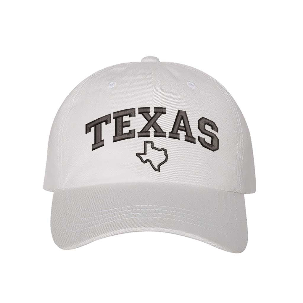 White baseball hat embroidered with the word Texas and the Texas map on it-DSY Lifestyle