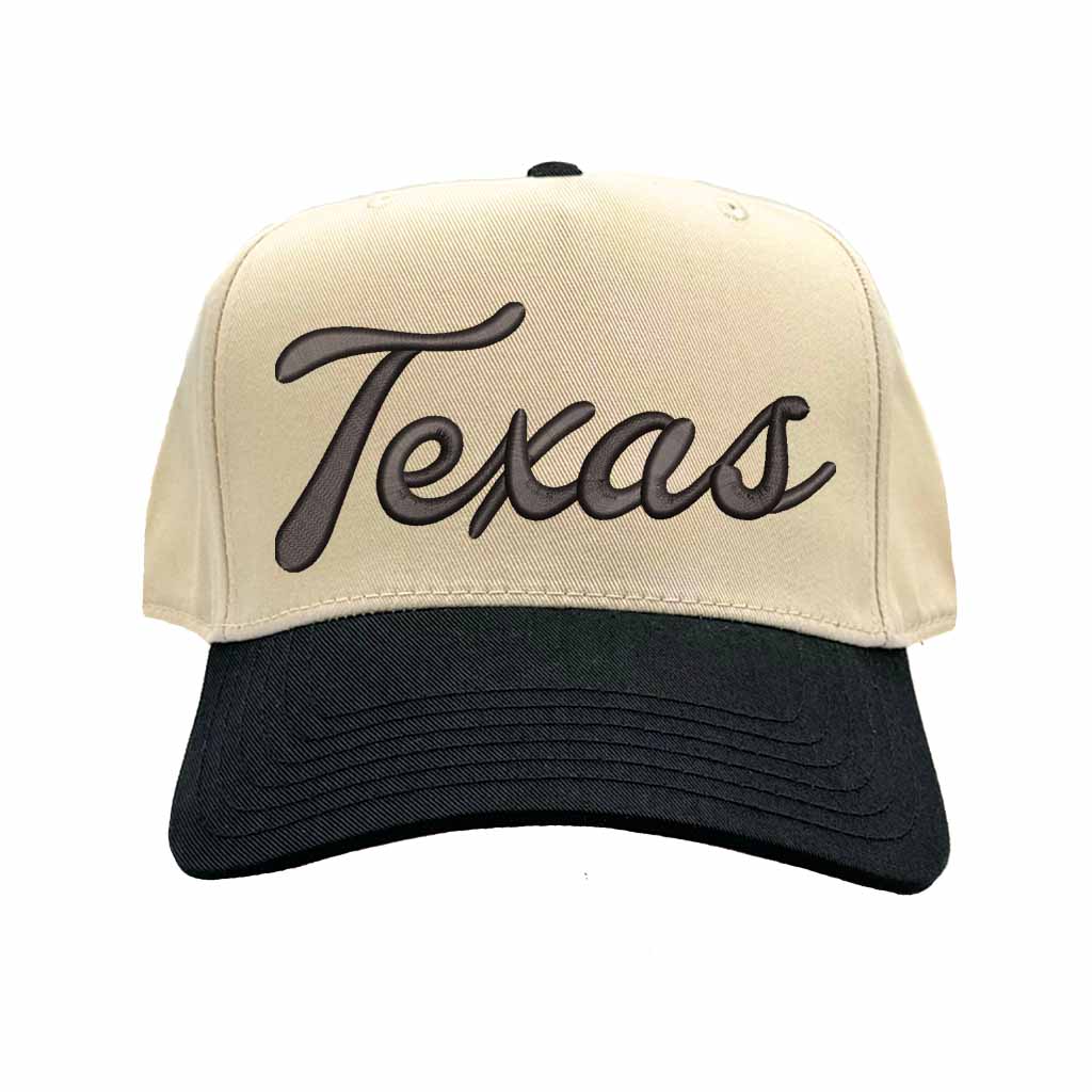 Natural Black Texas Script 3D Two Tone 5-Panel Embroidered Baseball Hat with raised “Texas” lettering and stylish two-tone design – DSY Lifestyle