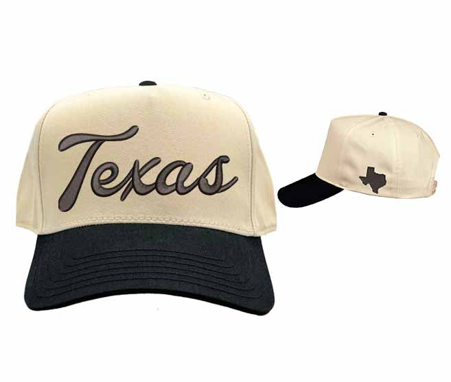 Natural Black with side logo Texas Script 3D Two Tone 5-Panel Embroidered Baseball Hat with raised “Texas” lettering and stylish two-tone design – DSY Lifestyle