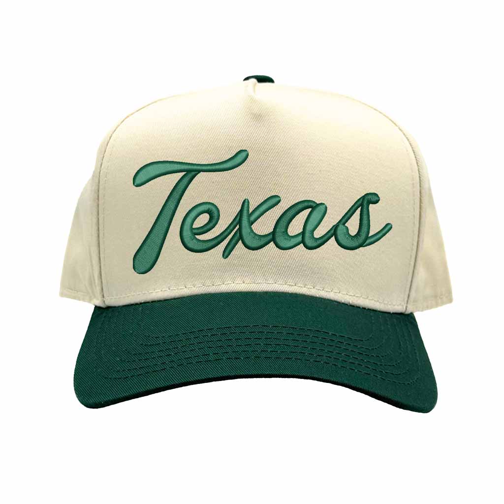Natural Forest Green Texas Script 3D Two Tone 5-Panel Embroidered Baseball Hat with raised “Texas” lettering and stylish two-tone design – DSY Lifestyle