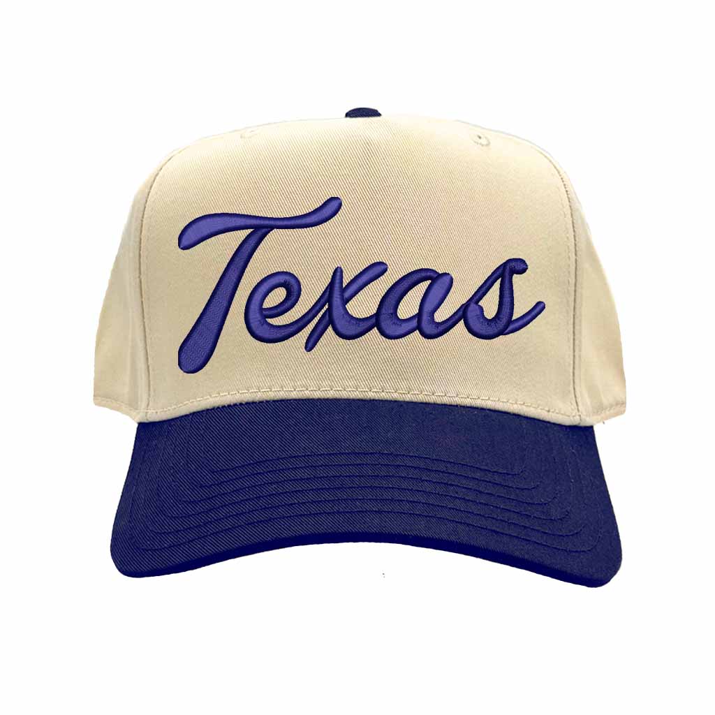 Natural Navy Blue Texas Script 3D Two Tone 5-Panel Embroidered Baseball Hat with raised “Texas” lettering and stylish two-tone design – DSY Lifestyle