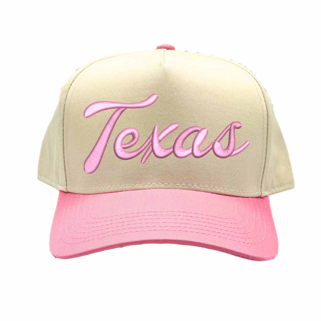 Natural Light Pink Texas Script 3D Two Tone 5-Panel Embroidered Baseball Hat with raised “Texas” lettering and stylish two-tone design – DSY Lifestyle