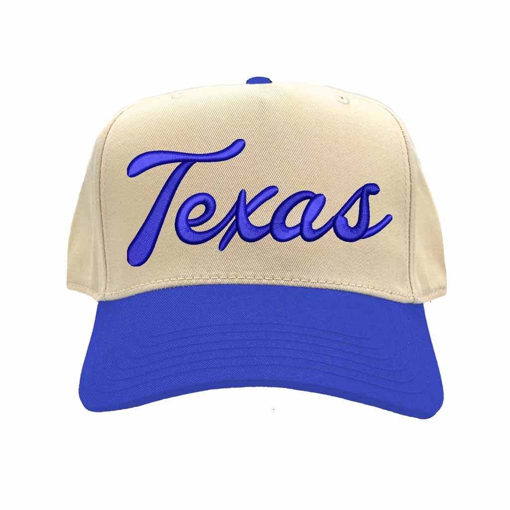 Natural Royal Blue Texas Script 3D Two Tone 5-Panel Embroidered Baseball Hat with raised “Texas” lettering and stylish two-tone design – DSY Lifestyle