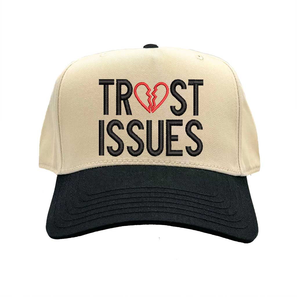 Natural Black Trust Issues Two-Tone Baseball Hat, a relatable and funny statement accessory for the modern dating scene. Modern color-blocking on a classic 5-panel silhouette for a standout streetwear look. DSY Lifestyle.