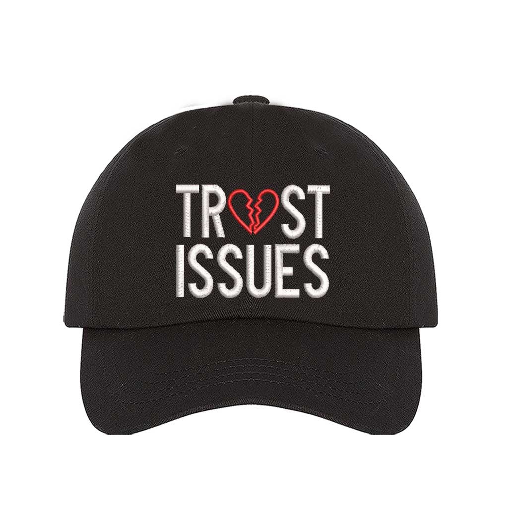 Black Trust Issues Baseball Hat featuring "Trust Issues" embroidered in a bold font on a classic dad cap; a funny and relatable statement accessory from DSY Lifestyle.