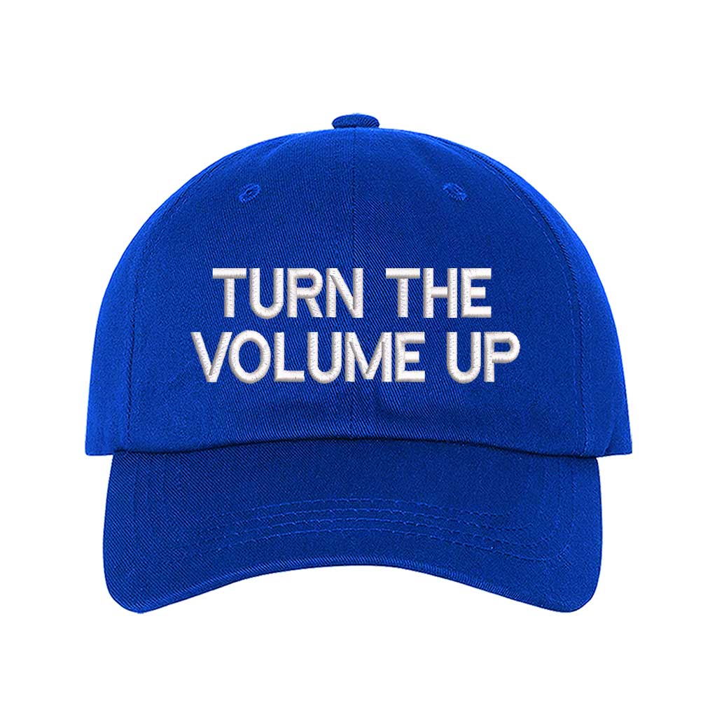 Royal Blue Turn Up The Volume Embroidered Baseball Hat featuring classic design, music-inspired embroidery, and adjustable hook and loop closure – DSY Lifestyle