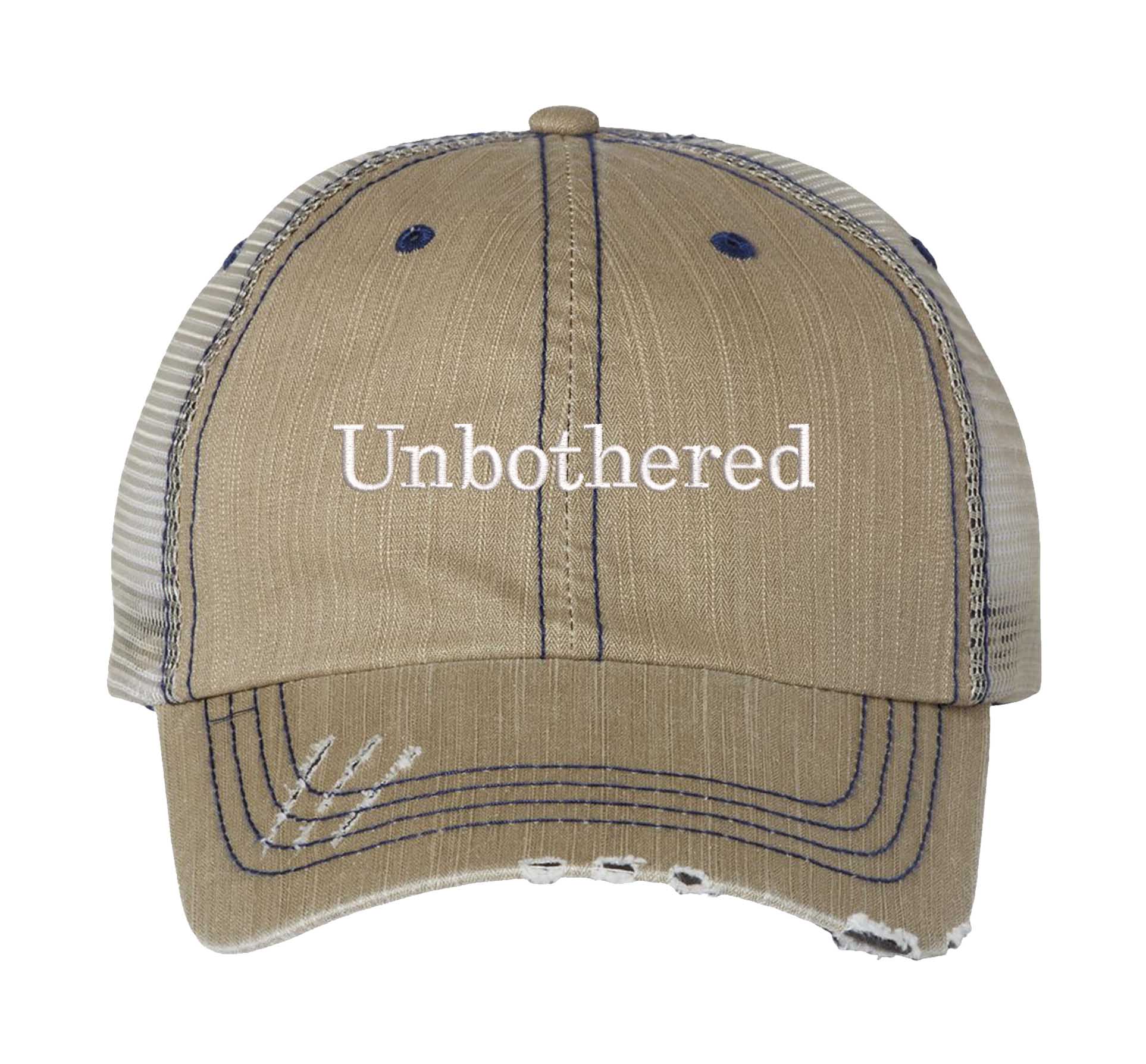 Khaki Unbothered Distressed Trucker Hat. This premium vintage-style cap is the perfect gift for the unapologetically bold, featuring a breathable mesh back and custom embroidery. - DSY Lifestyle