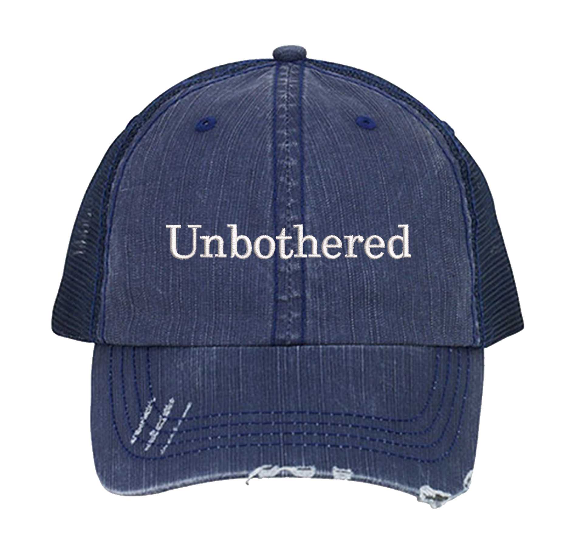 Navy Blue Unbothered Distressed Trucker Hat. This premium vintage-style cap is the perfect gift for the unapologetically bold, featuring a breathable mesh back and custom embroidery. - DSY Lifestyle