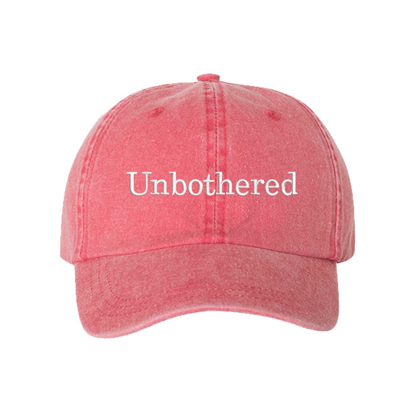 Red Unbothered Washed Statement Baseball Hat – a washed, relaxed-fit statement cap designed for everyday comfort and real-life moods. Trendy, adjustable, and effortlessly stylish. - DSY Lifestyle