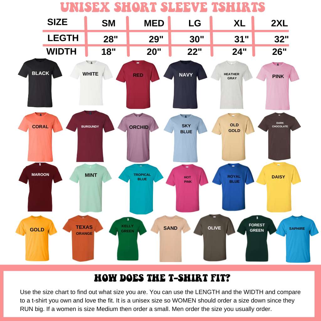 Size and Color Chart for Unisex Tee - DSY Lifestyle