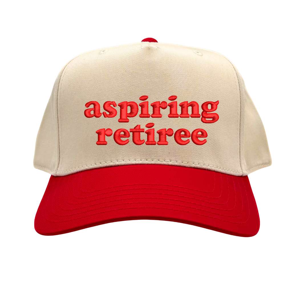 Natural color 5 panel baseball hat with Red brim embroidered with the phrase aspiring retiree in Red-DSY Lifestyle