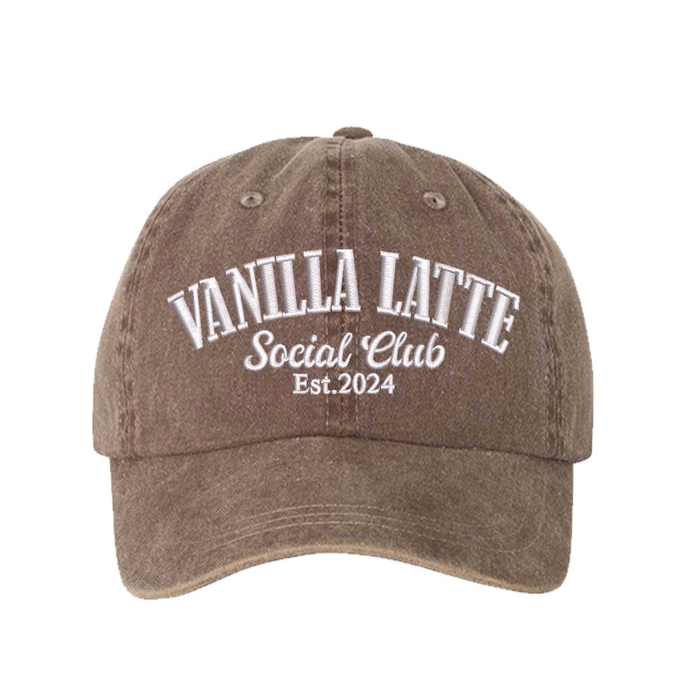 Chocolate Brown Vanilla Latte Social Club Est. 2024 Washed Statement Baseball Hat – a washed, relaxed-fit statement cap designed for everyday comfort and real-life moods. Trendy, adjustable, and effortlessly stylish. - DSY Lifestyle