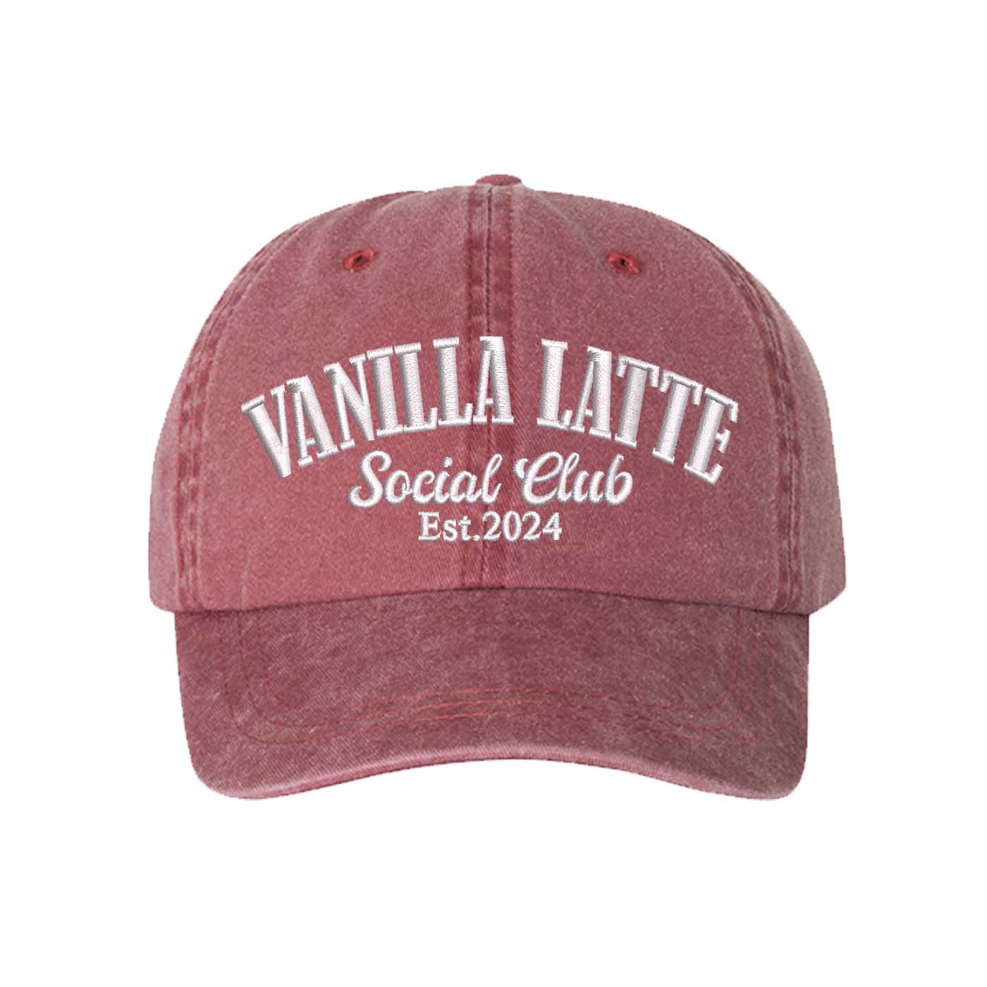 Wine Vanilla Latte Social Club Est. 2024 Washed Statement Baseball Hat – a washed, relaxed-fit statement cap designed for everyday comfort and real-life moods. Trendy, adjustable, and effortlessly stylish. - DSY Lifestyle