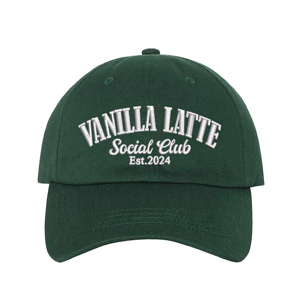 Forest Green Vanilla Latte Social Club Est. 2024 embroidered baseball hat in a premium colorway by DSY Lifestyle