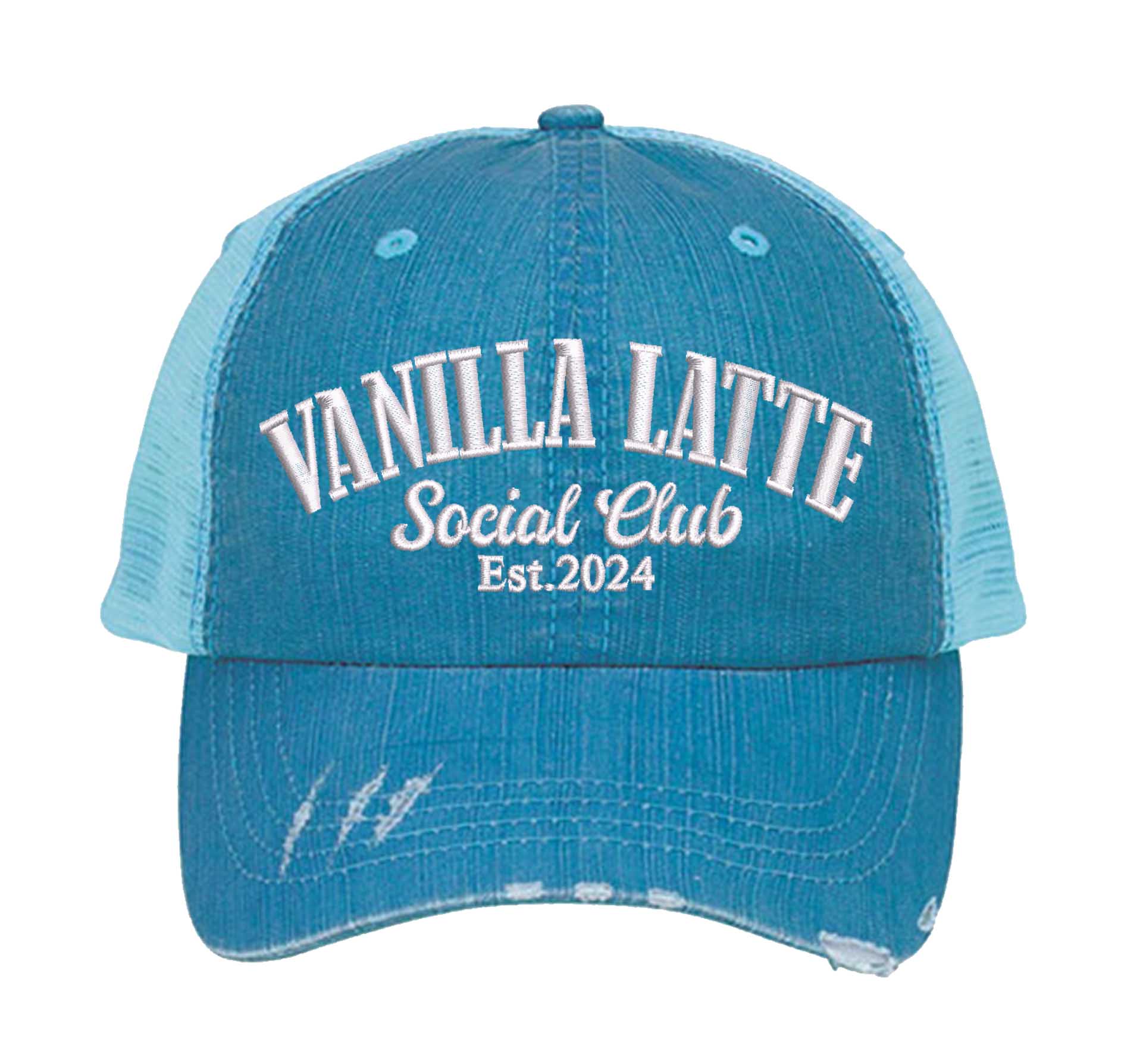 Aqua Vanilla Latte Social Club embroidered distressed trucker hat for women. Cozy statement hat for everyday outfits, coffee runs, and street style. - DSY Lifestyle