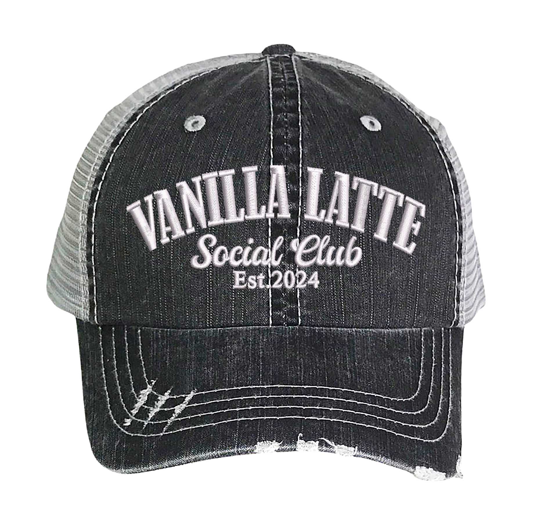 Black Vanilla Latte Social Club embroidered distressed trucker hat for women. Cozy statement hat for everyday outfits, coffee runs, and street style. - DSY Lifestyle