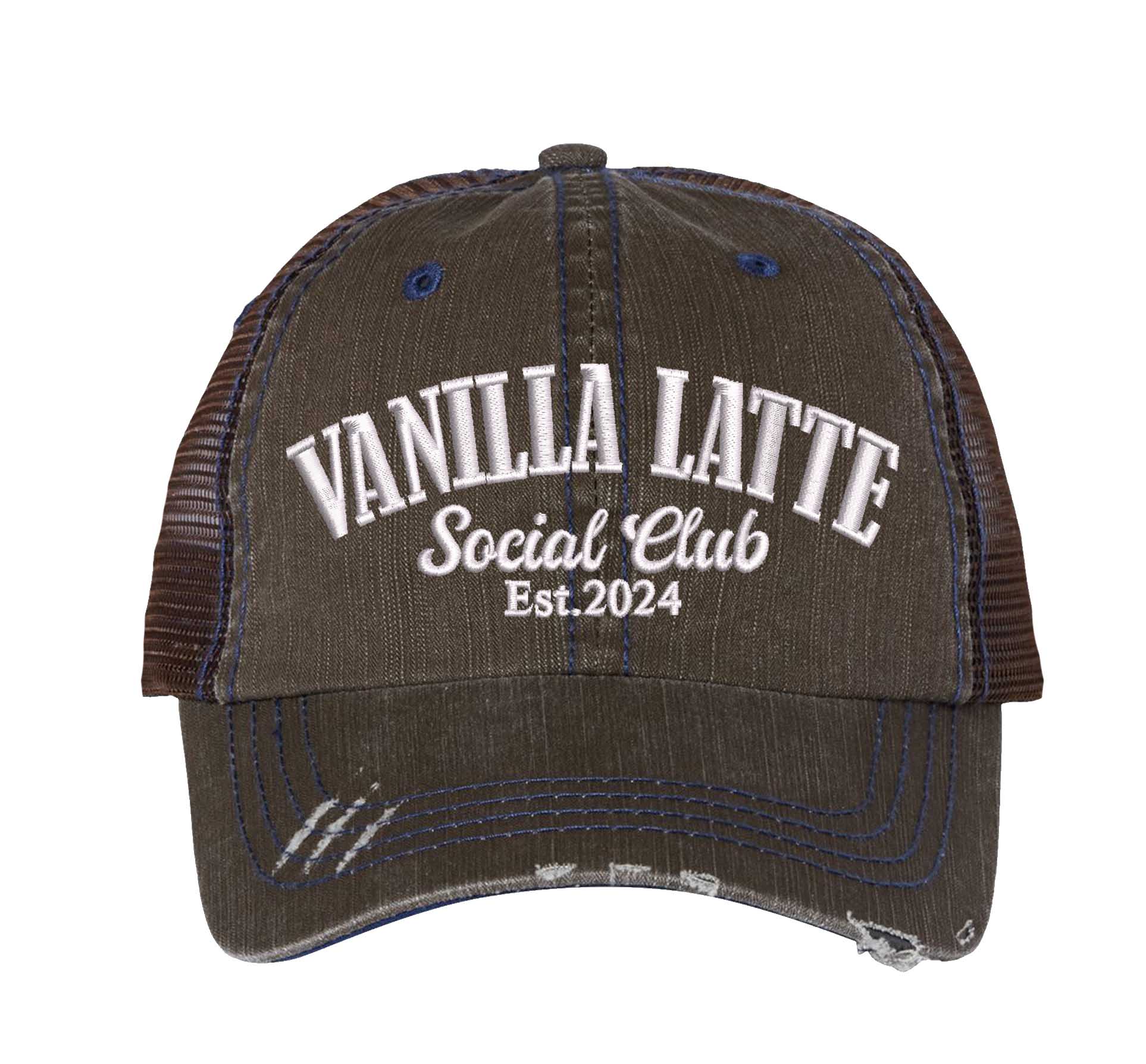 Brown Vanilla Latte Social Club embroidered distressed trucker hat for women. Cozy statement hat for everyday outfits, coffee runs, and street style. - DSY Lifestyle