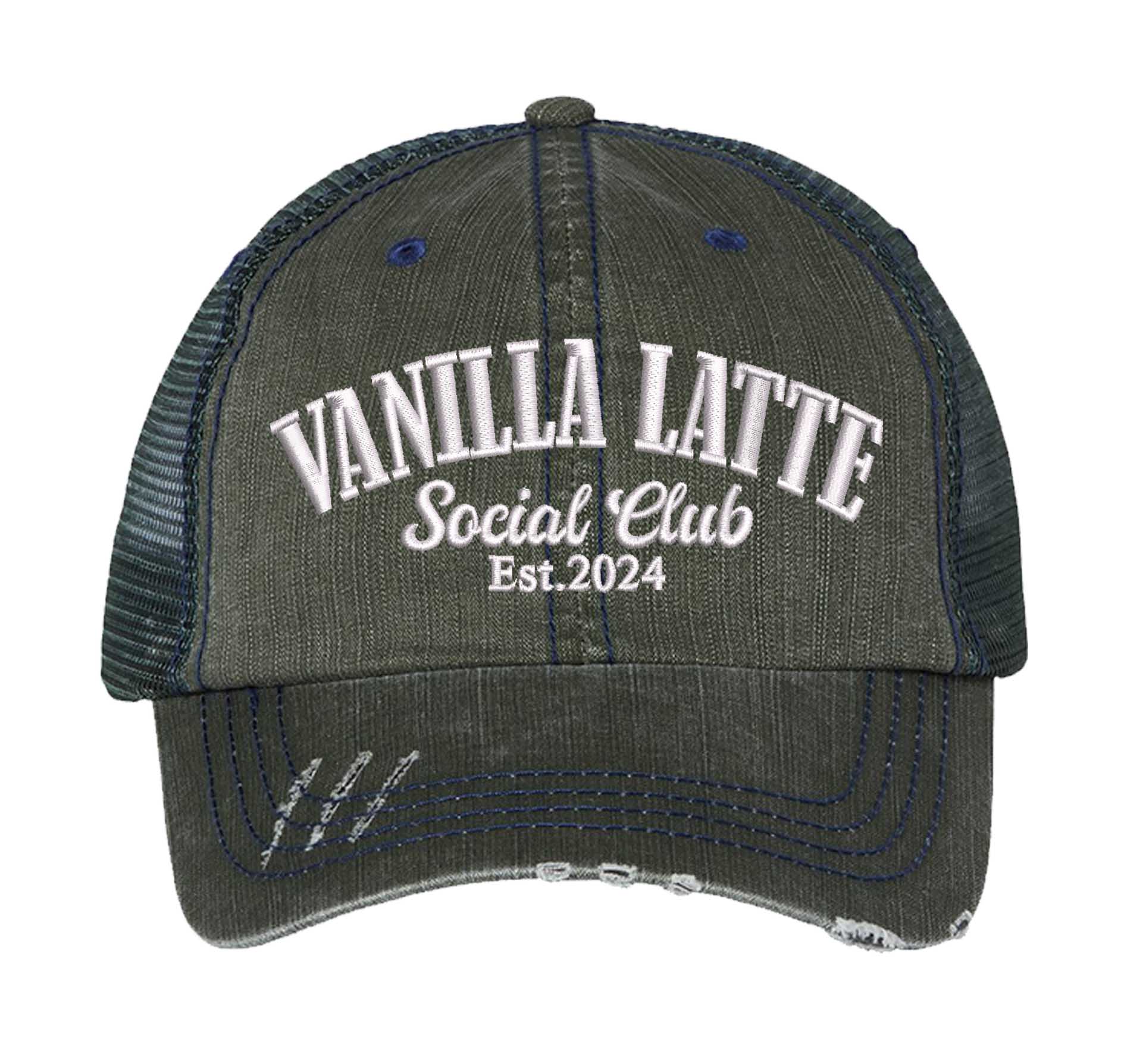 Dark Green Vanilla Latte Social Club embroidered distressed trucker hat for women. Cozy statement hat for everyday outfits, coffee runs, and street style. - DSY Lifestyle