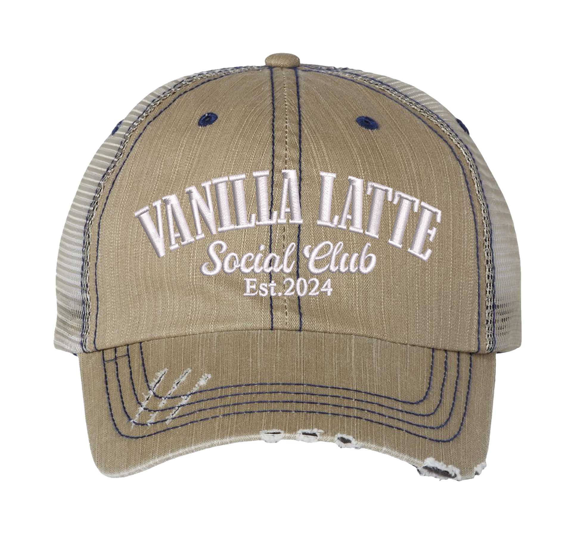Khaki Vanilla Latte Social Club embroidered distressed trucker hat for women. Cozy statement hat for everyday outfits, coffee runs, and street style. - DSY Lifestyle