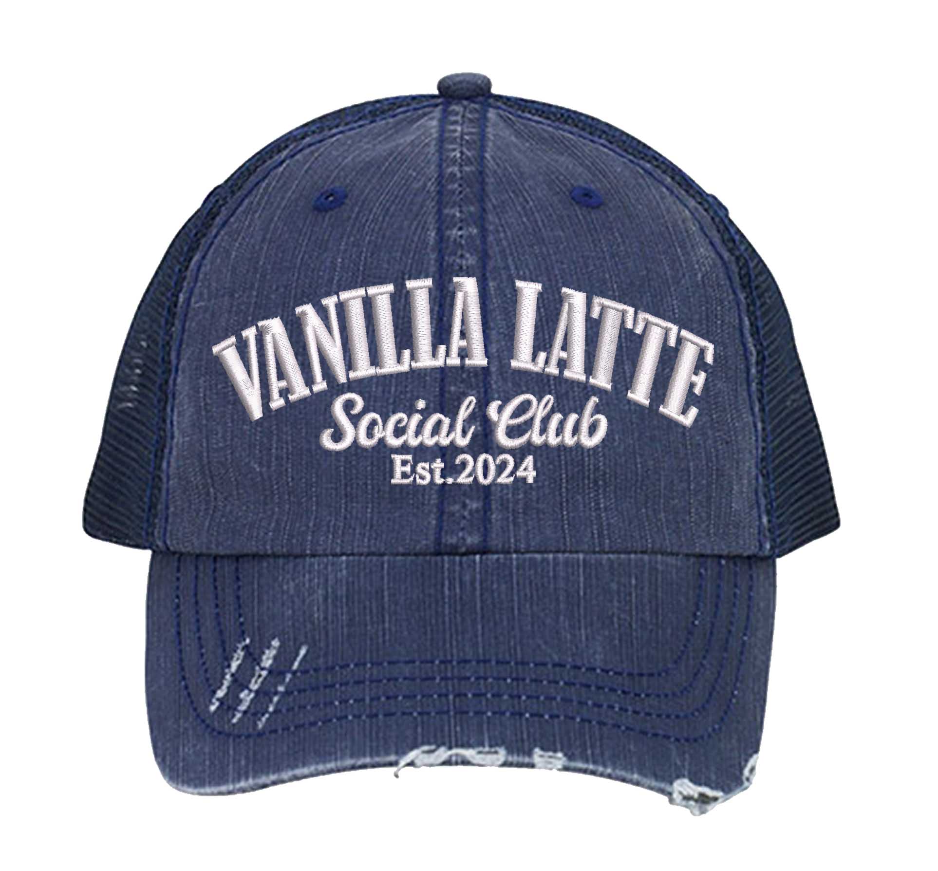 Navy Blue Vanilla Latte Social Club embroidered distressed trucker hat for women. Cozy statement hat for everyday outfits, coffee runs, and street style. - DSY Lifestyle