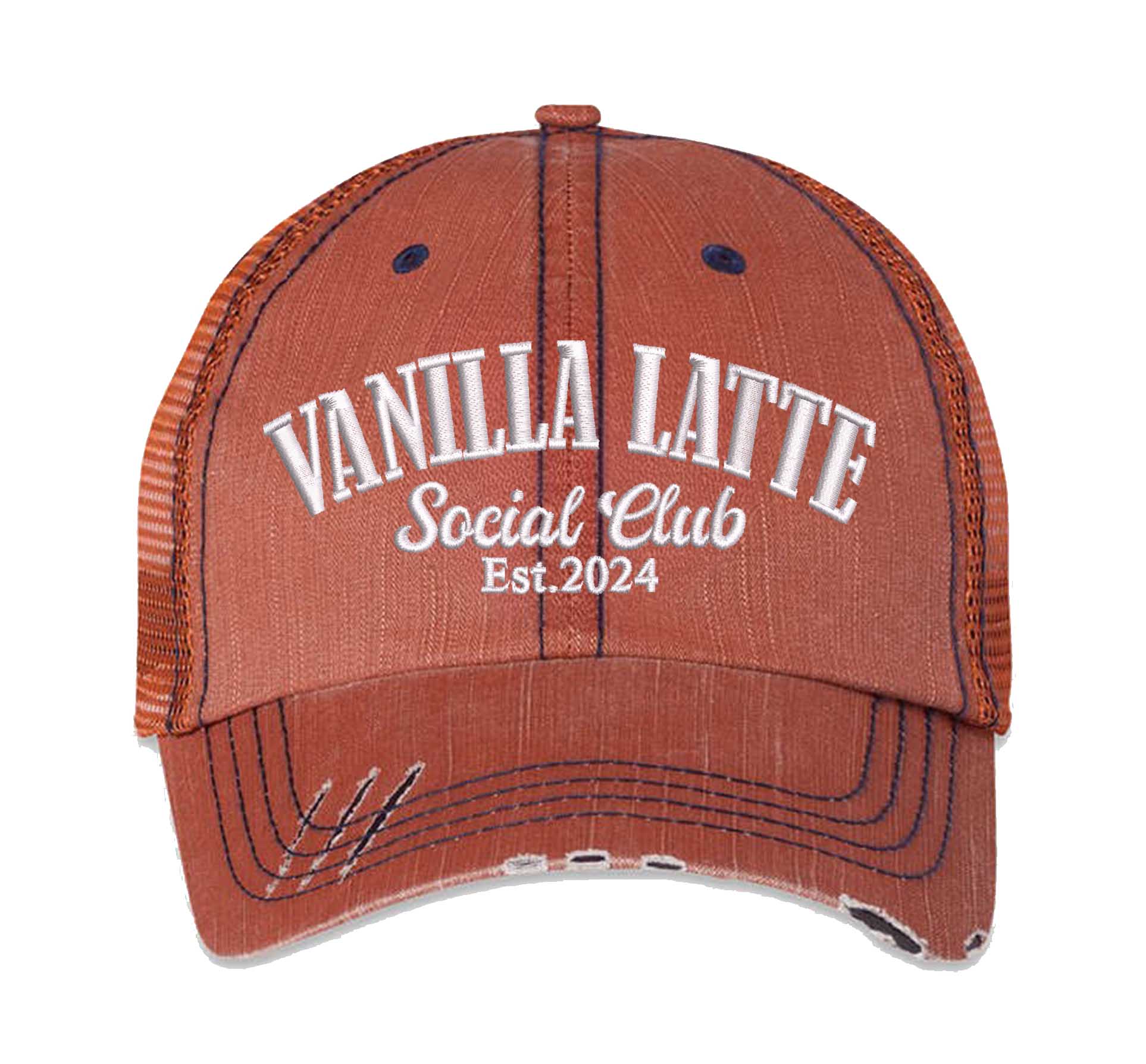 Orange Vanilla Latte Social Club embroidered distressed trucker hat for women. Cozy statement hat for everyday outfits, coffee runs, and street style. - DSY Lifestyle