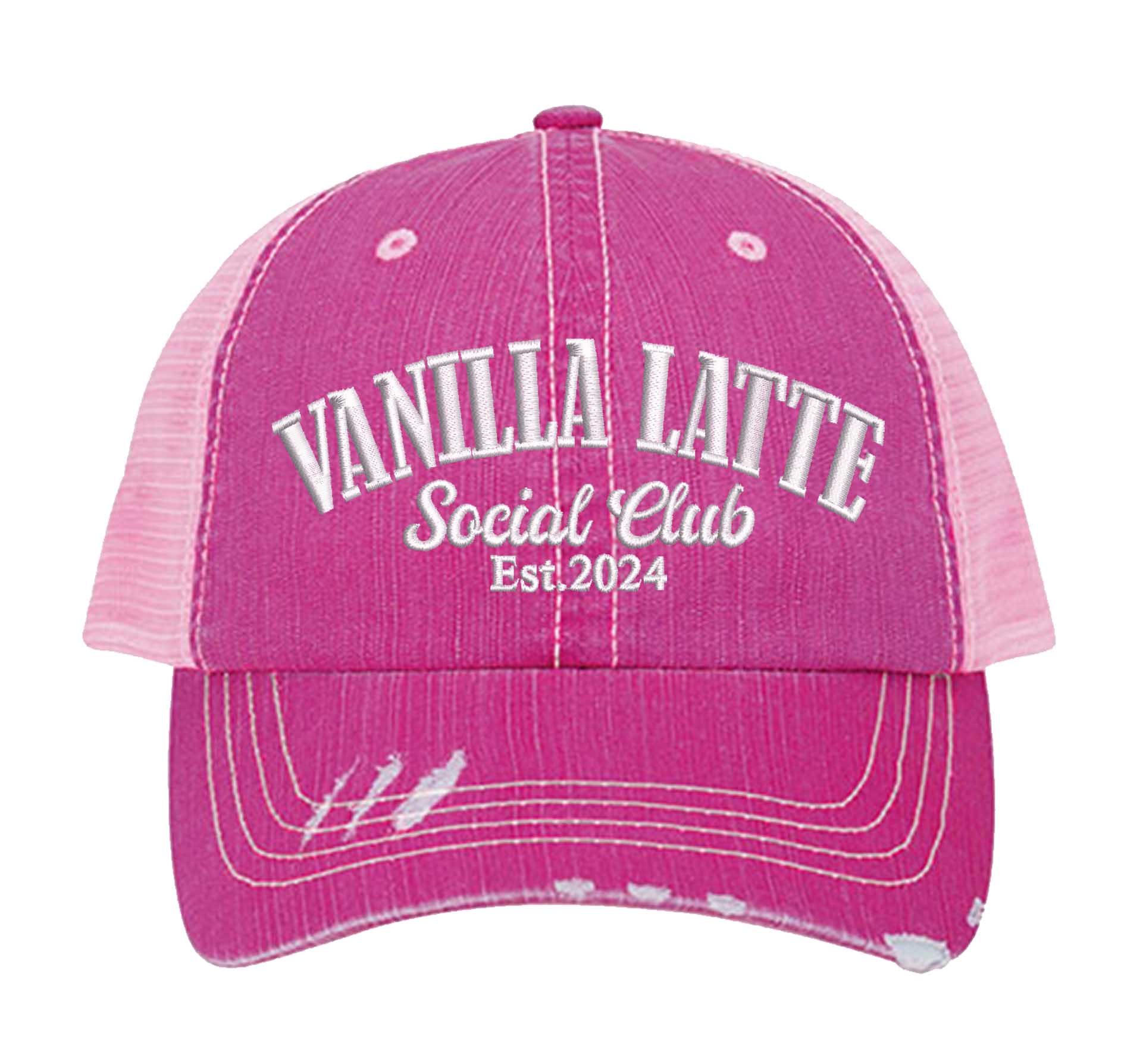 Hot Pink Vanilla Latte Social Club embroidered distressed trucker hat for women. Cozy statement hat for everyday outfits, coffee runs, and street style. - DSY Lifestyle