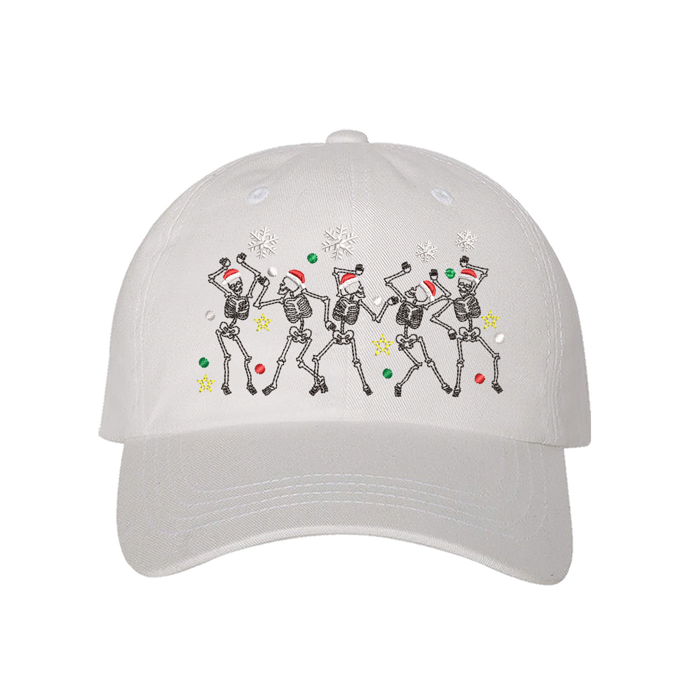 White Dancing Skeletons Christmas Embroidered Baseball Hat featuring festive dancing skeleton embroidery and adjustable hook and loop closure – DSY Lifestyle.