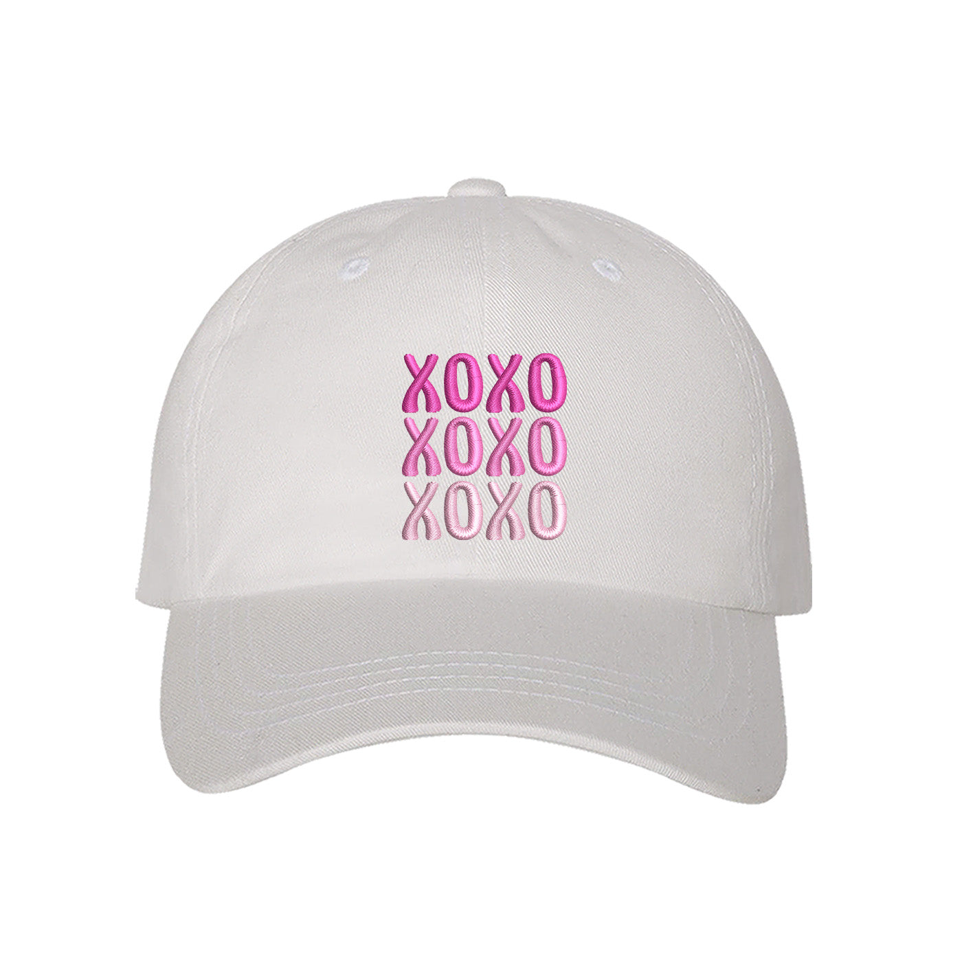 White XOXO Baseball Hat, a trendy and sweet embroidered accessory featuring a classic "XOXO" design for Valentine&