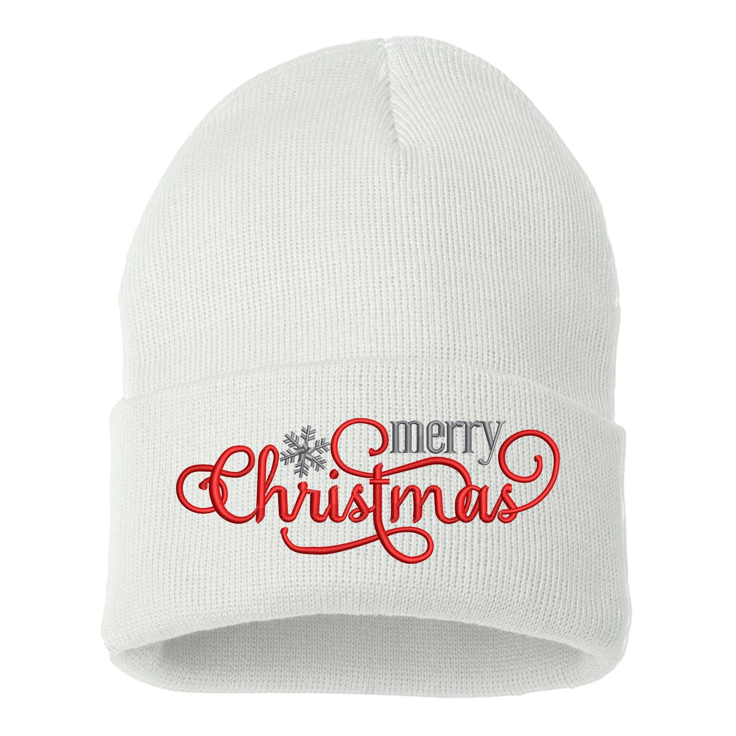 White Merry Christmas Snowflakes Embroidered Beanie Cap featuring festive embroidered snowflakes and warm winter knit design – DSY Lifestyle