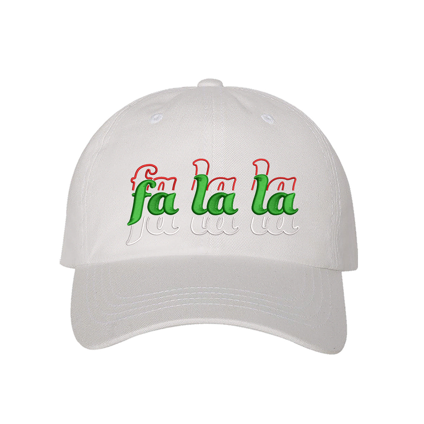 White Fa La La Christmas Stacked Embroidered Baseball Hat with festive embroidery and adjustable fit, perfect for holiday style and Christmas cheer – DSY Lifestyle.