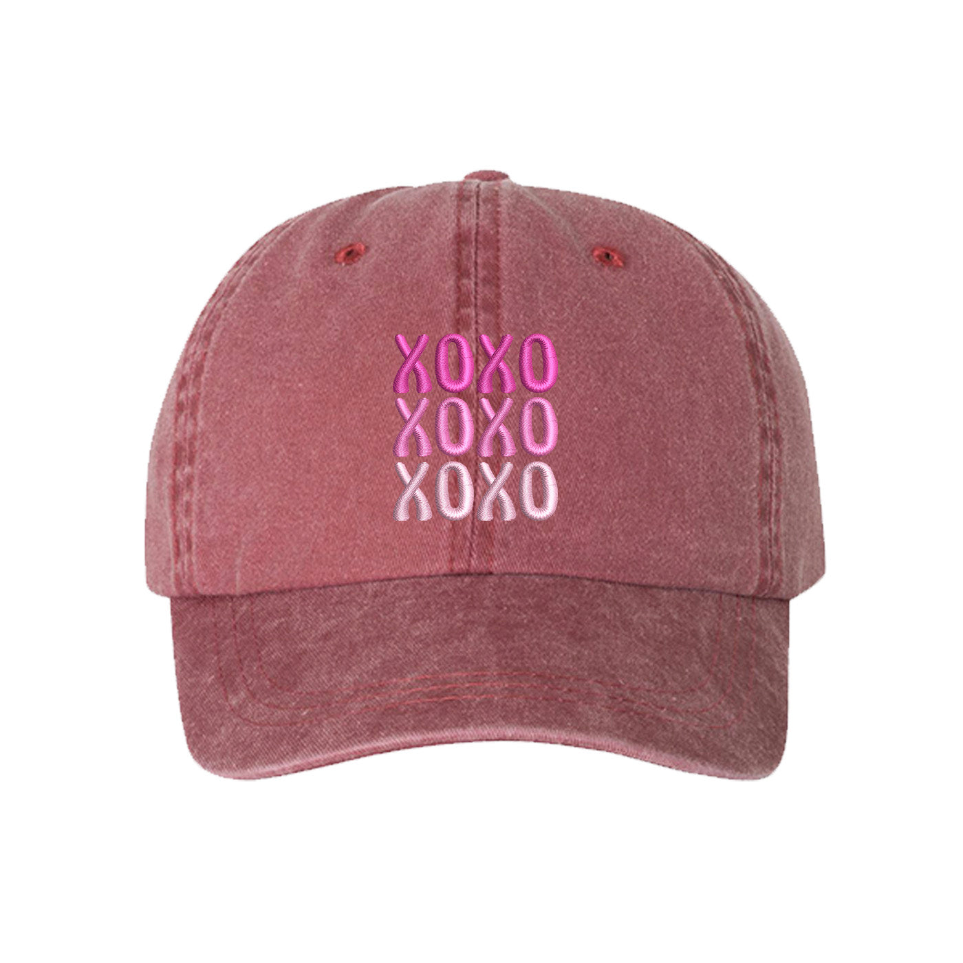 Wine XOXO Washed Baseball Hat featuring white "XOXO" embroidery on a vintage-washed charcoal dad cap by DSY Lifestyle.