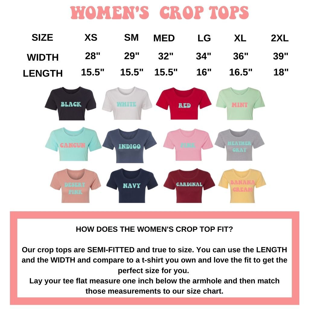 Womens Crop Tops Color and Size Chart- S, M, L, XL. 2XL - Black, White, Red, Mint, Cancun, Indigo, Pink, Heather Gray, Desert Pink, Navy, Cardinal, Banana Cream
