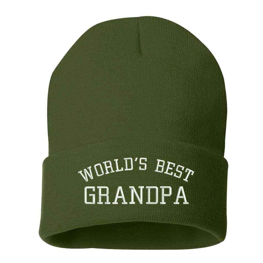 Olive cuffed beanie embroidered with World&