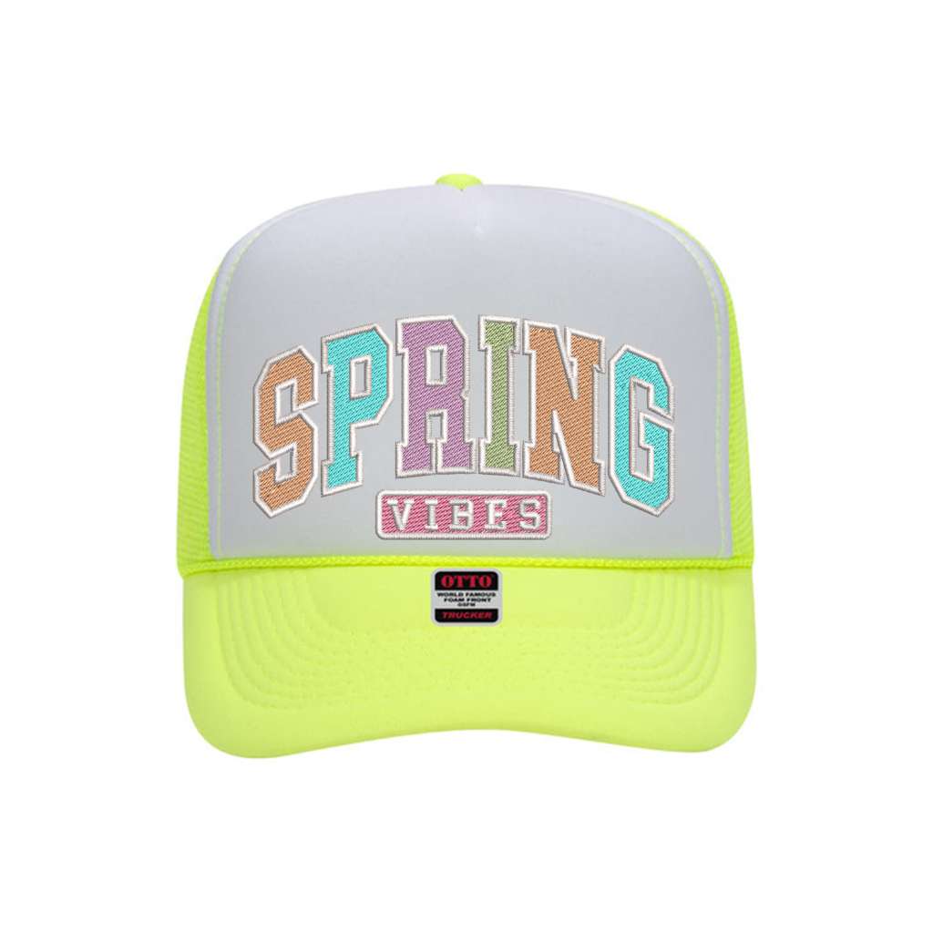Yellow with white front tab foam trucker hat embroidered with the phrase spring vibes on it-DSY Lifestyle