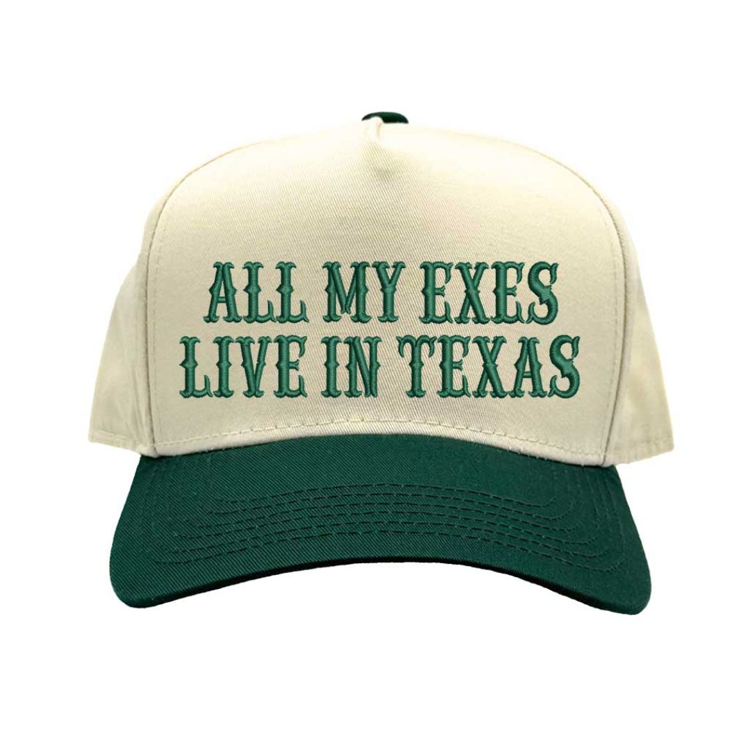Natural Forest Green Two-tone embroidered baseball hat reading “All My Exes Live in Texas,” styled on a country-inspired outfit with boots and denim for a playful retro look - DSY Lifestyle