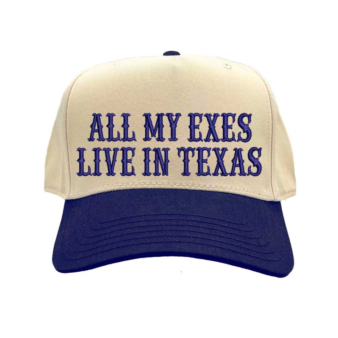 Natural Navy Blue Two-tone embroidered baseball hat reading “All My Exes Live in Texas,” styled on a country-inspired outfit with boots and denim for a playful retro look - DSY Lifestyle