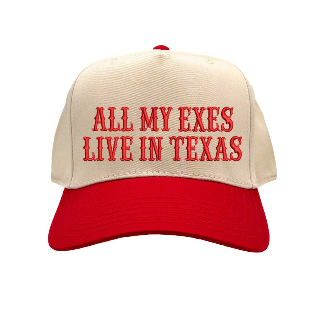 Natural Red Two-tone embroidered baseball hat reading “All My Exes Live in Texas,” styled on a country-inspired outfit with boots and denim for a playful retro look - DSY Lifestyle