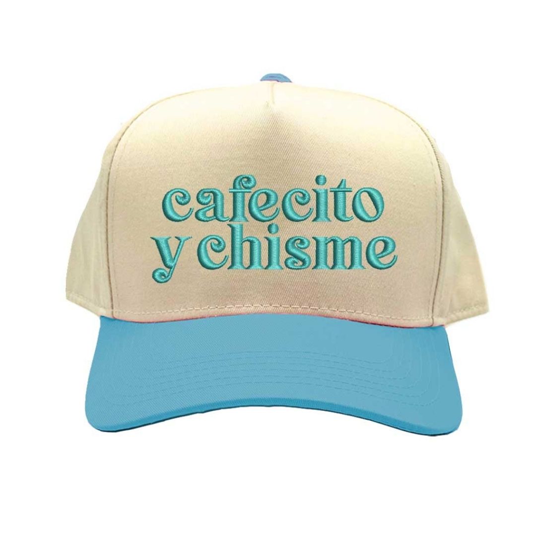 Natural Aqua Cafecito y Chisme Two-Tone Embroidered Baseball Hat front view - DSY Lifestyle