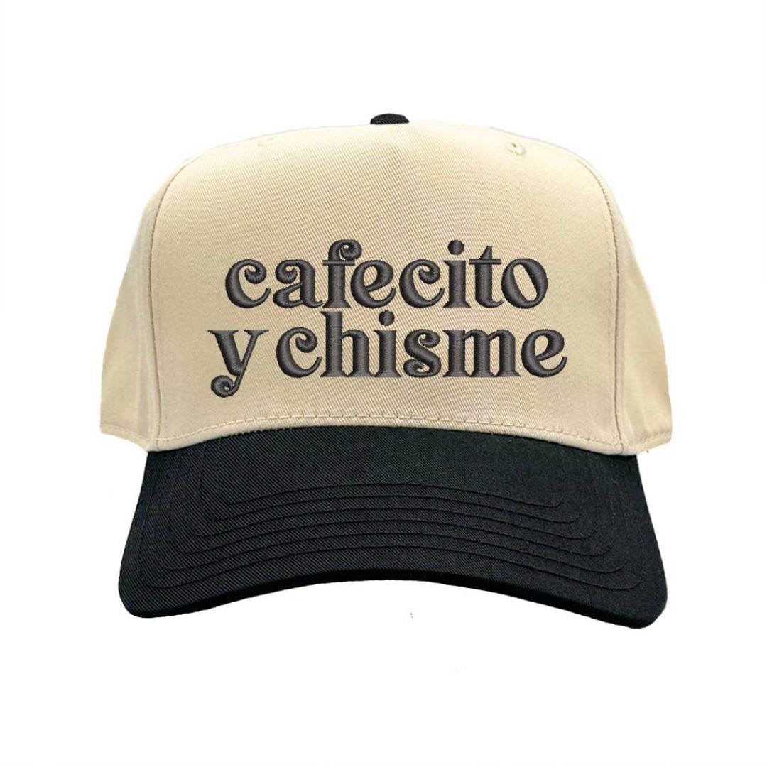 Natural Black Cafecito y Chisme Two-Tone Embroidered Baseball Hat front view - DSY Lifestyle