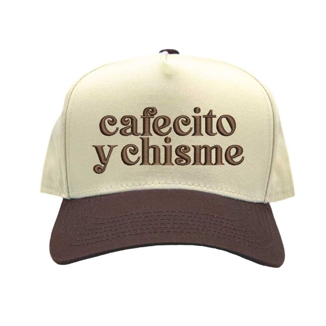 Natural Brown Cafecito y Chisme Two-Tone Embroidered Baseball Hat front view - DSY Lifestyle