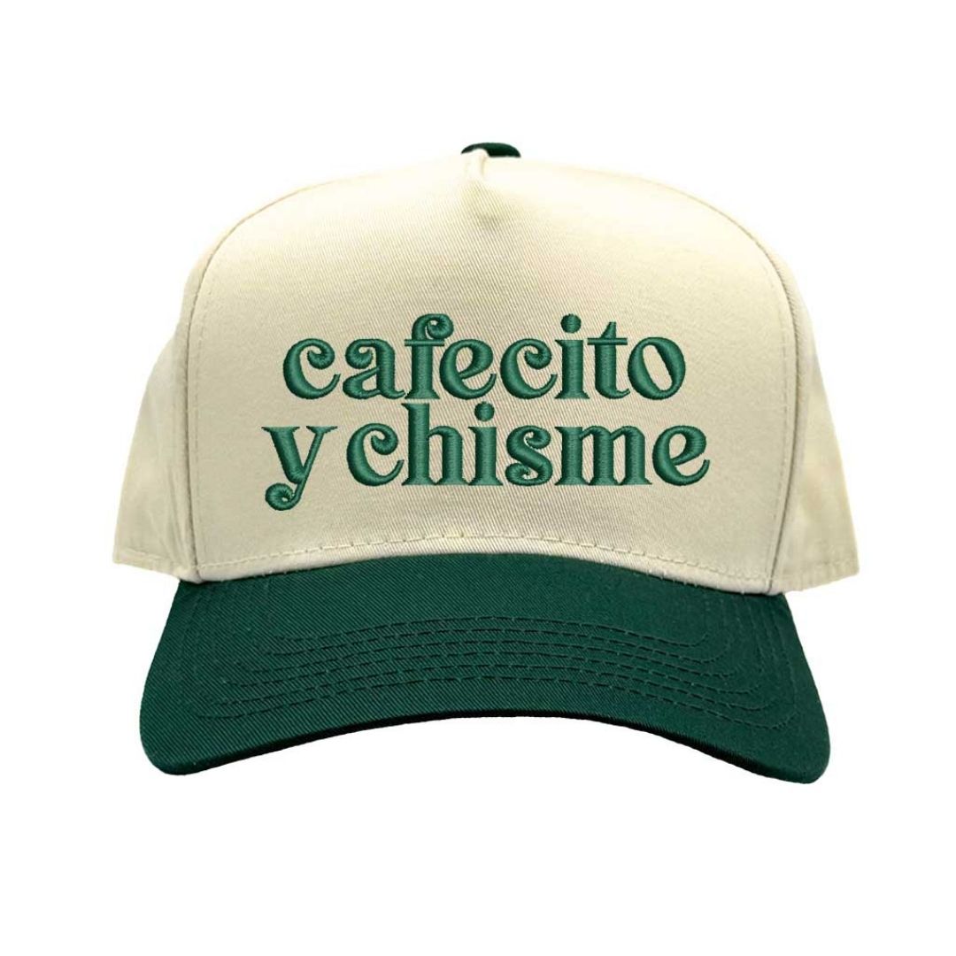 Natural Forest Green Cafecito y Chisme Two-Tone Embroidered Baseball Hat front view - DSY Lifestyle