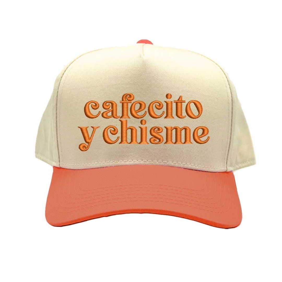 Natural Texas Orange Cafecito y Chisme Two-Tone Embroidered Baseball Hat front view - DSY Lifestyle