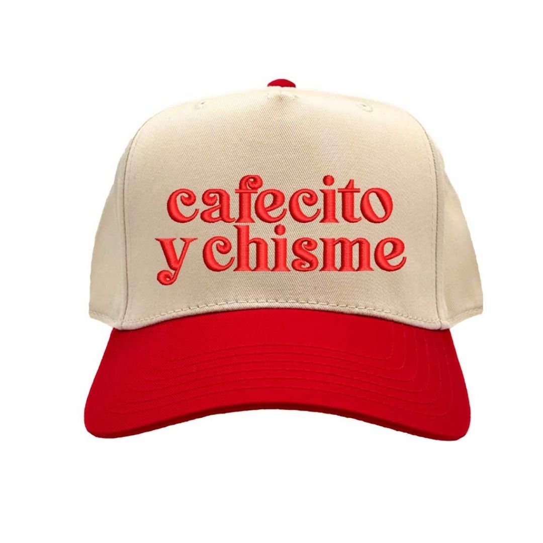 Natural Red Cafecito y Chisme Two-Tone Embroidered Baseball Hat front view - DSY Lifestyle
