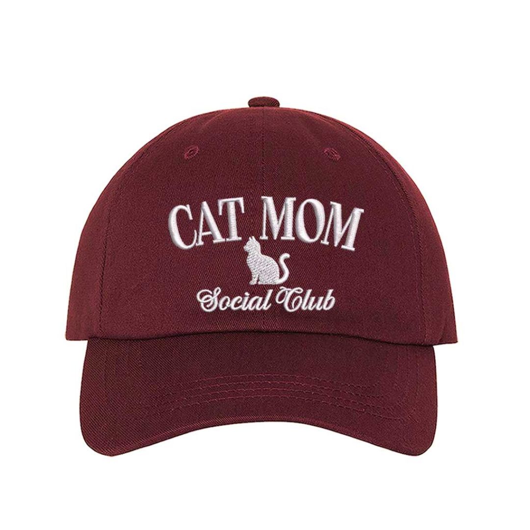 Burgundy Cat Mom Social Club embroidered baseball hat with adjustable hook & loop closure, cute classic cap for cat lovers and pet moms – DSY Lifestyle.