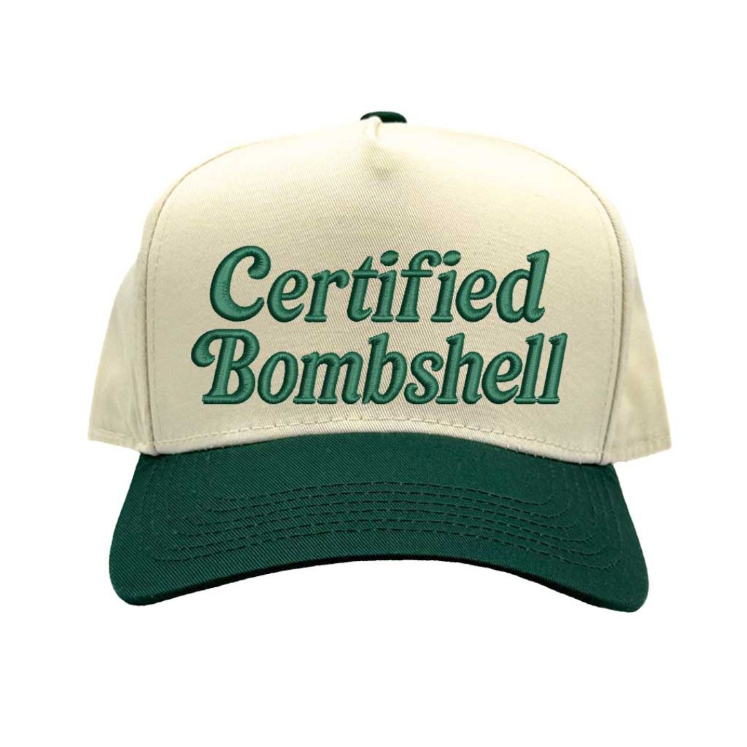 Natural Forest Green Embroidered baseball hat with the phrase “Certified Bombshell” on the front; trendy unstructured design with adjustable strap for women DSY Lifestyle