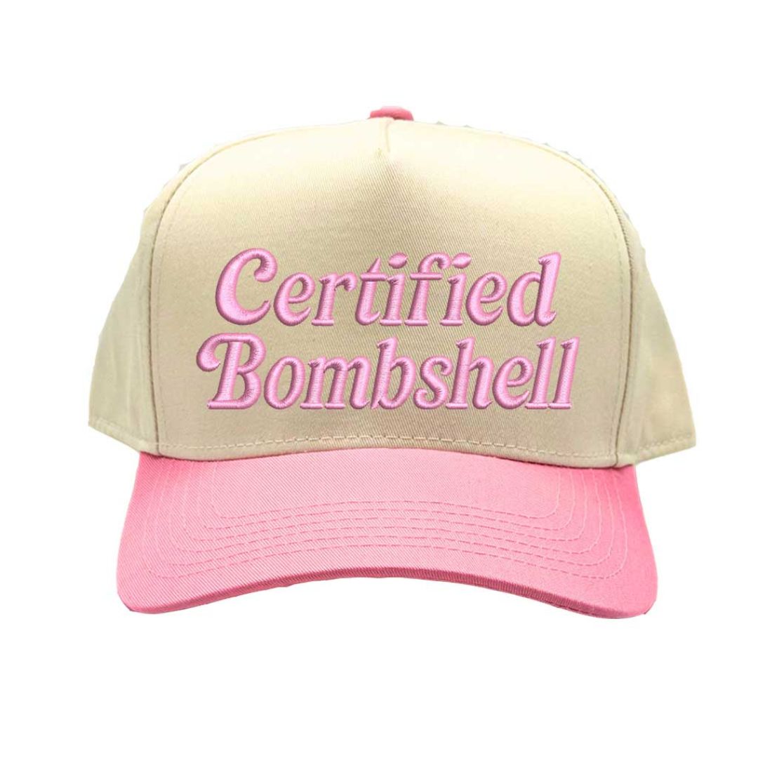 Natural Light Pink Embroidered baseball hat with the phrase “Certified Bombshell” on the front; trendy unstructured design with adjustable strap for women DSY Lifestyle