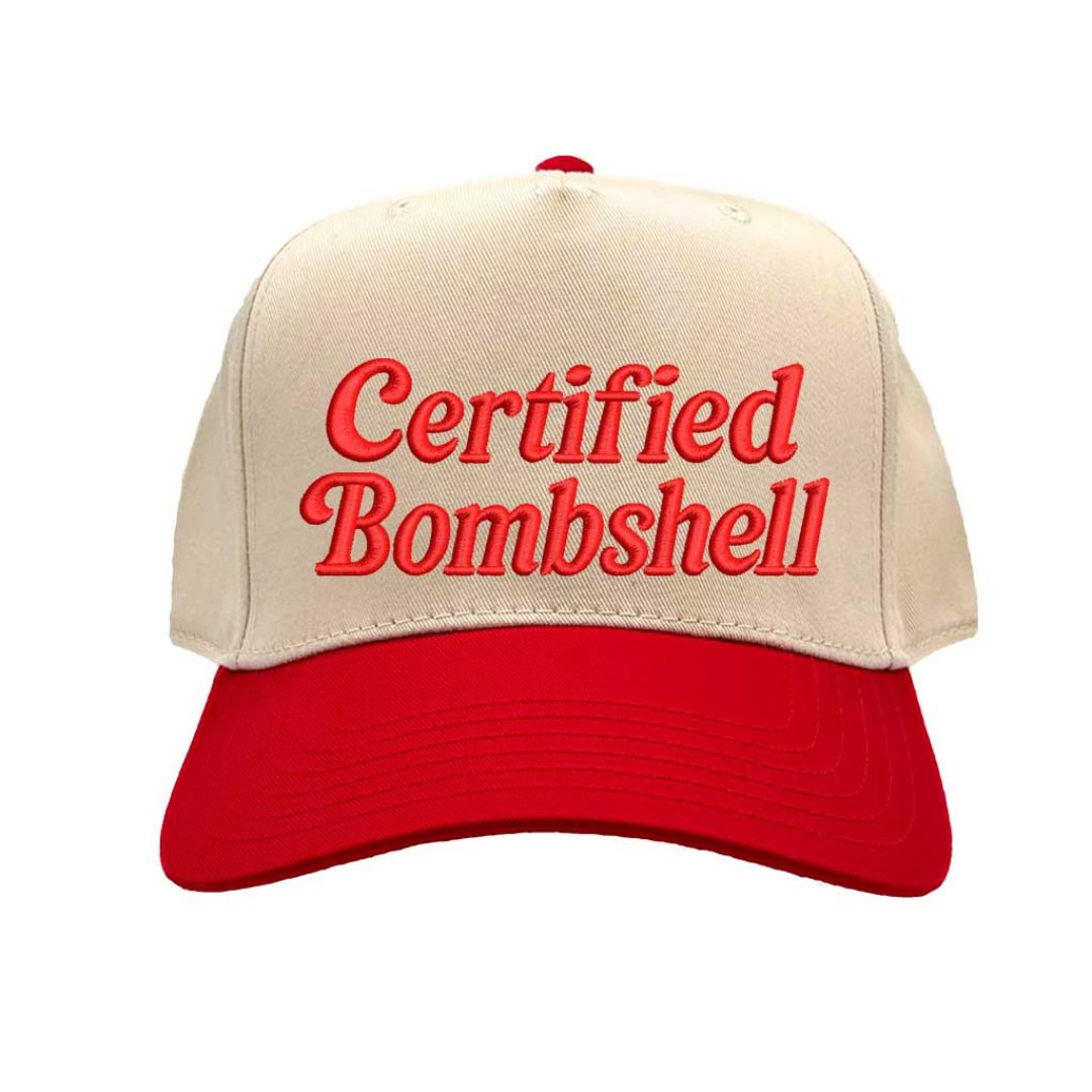 Natural Red Embroidered baseball hat with the phrase “Certified Bombshell” on the front; trendy unstructured design with adjustable strap for women DSY Lifestyle